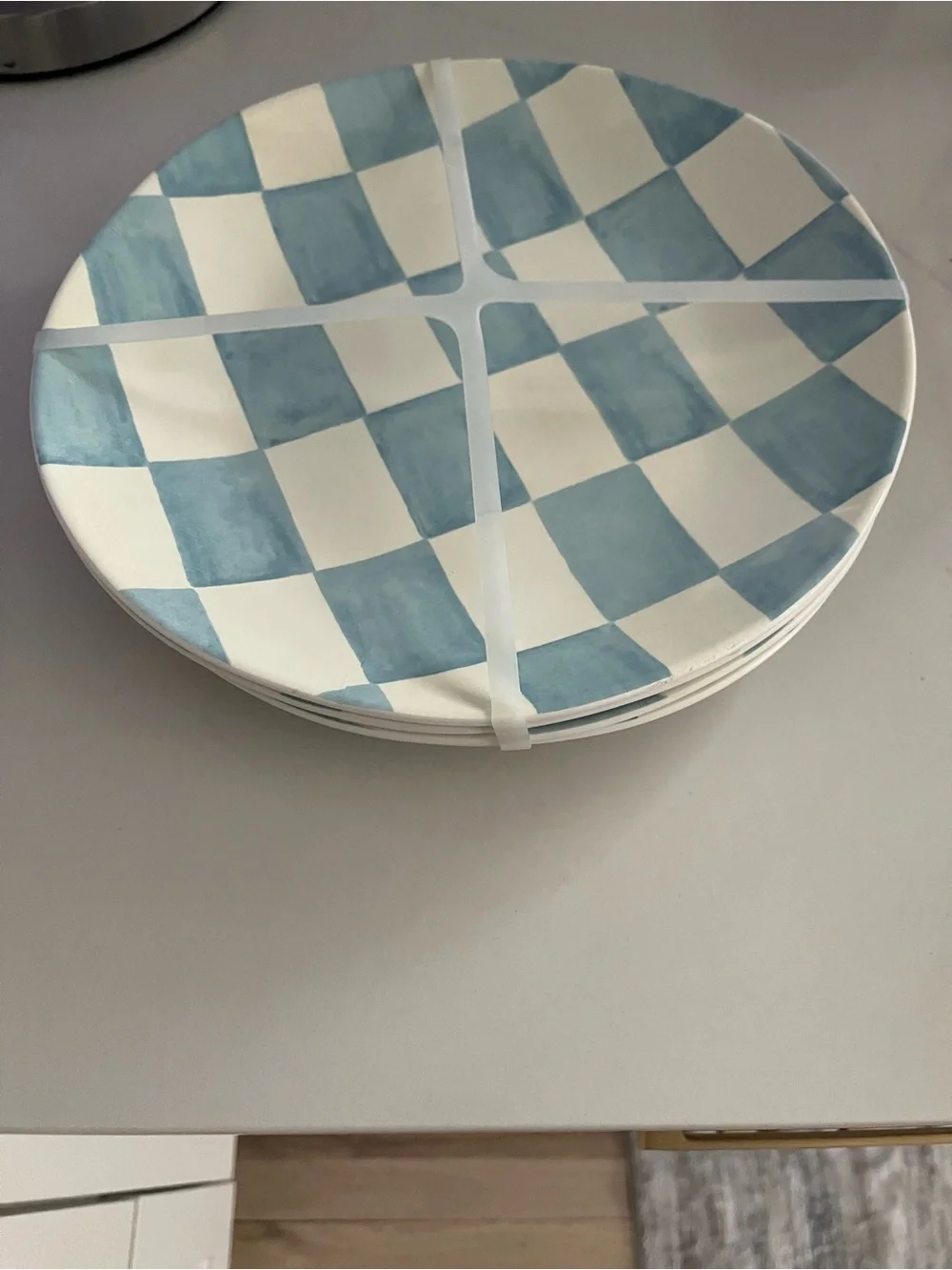 Blue Checkered Durable PLASTIC SET OF 4 plates